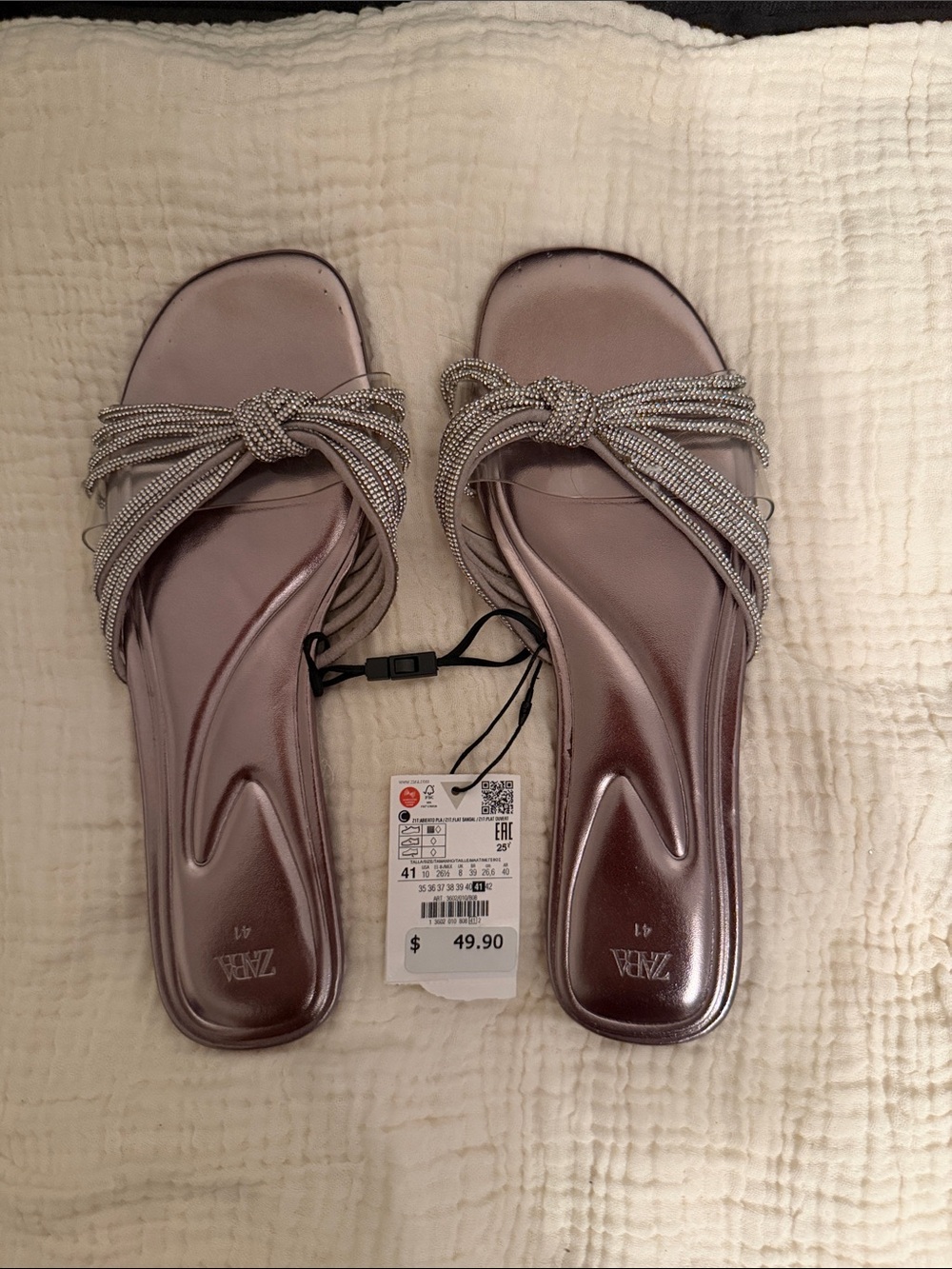 ZARA Metallic Lilac Knot Crystal Slide Sandals